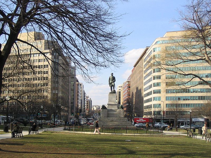 The planned transfer station at Farragut Square had to be replaced with two separate stations with no connection on opposite sides of the square because the National Park Service was unwilling to allow excavation on the site or the temporary removal of the statue of Admiral Farragut.  Photo from Wikipedia.