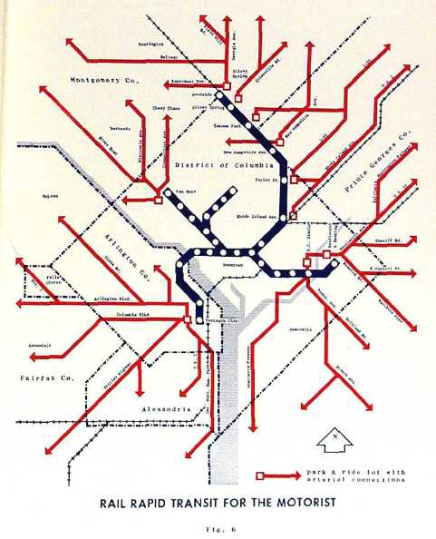 The National Capital Transportation Agency's proposal for rapid transit in DC, approved by Congress in 1965.  The system consisted of twenty-five miles of track in Washington and Arlington, and the map shows a large number of arterial road connections branching from park-and-ride lots at stations near the ends of lines.