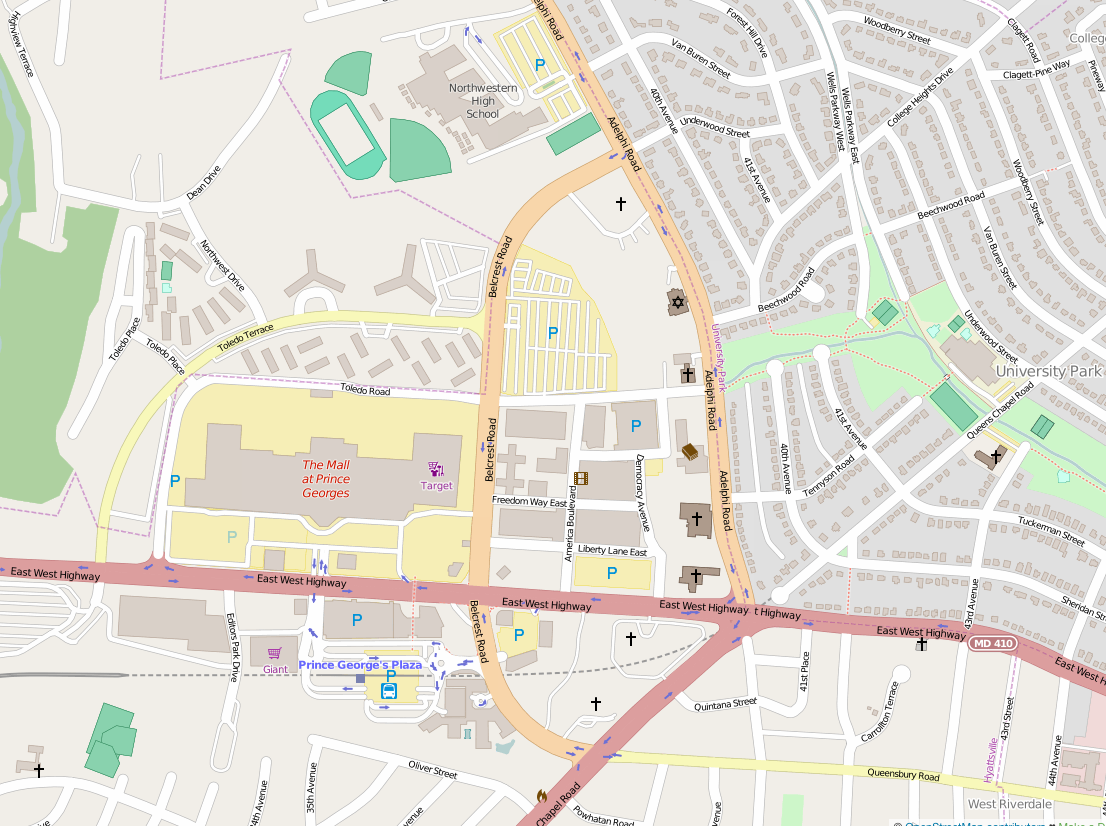 A map of the PG Plaza site, taken from Open Street Map.  The Mall at Prince Georges is west of Belcrest Road and East-West Highway, University Town Center is built on the triangular plot of land between Belcrest Road, Adelphi Road, and East-West Highway, and Belcrest Center and the PG Plaza Metro station are south of East-West Highway.